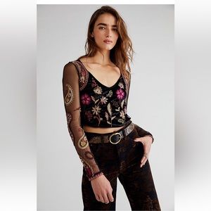 Free People Black Floral Embroidered Blouse